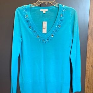 Blue v- neck sweater beautiful crystal beading